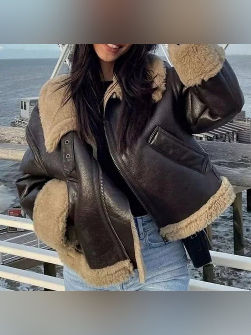Women Vintage Faux Leather Shearling Jacket Winter Thicken Warm Fur Lining Overc
